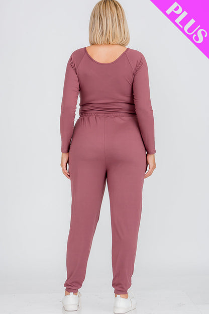 Plus Size Long Sleeve Ruched Crop Top and Joggers Set - Wholesale Capella Apparel