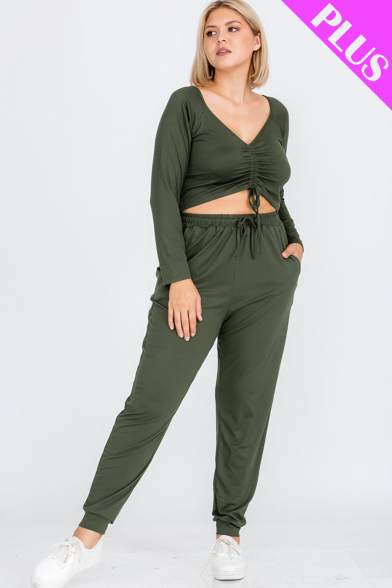 Plus Size Long Sleeve Ruched Crop Top and Joggers Set - Wholesale Capella Apparel