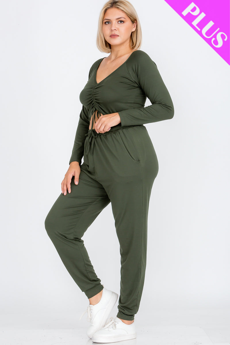 Plus Size Long Sleeve Ruched Crop Top and Joggers Set - Wholesale Capella Apparel