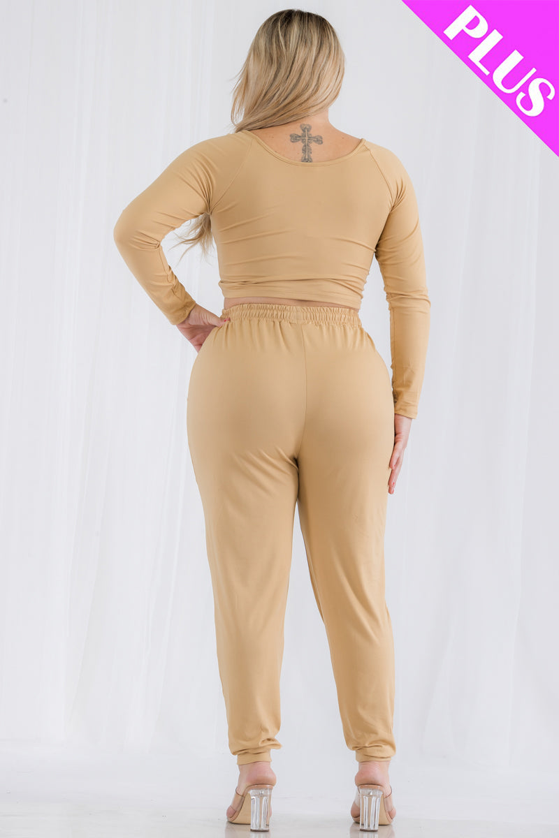 Plus Size Long Sleeve Ruched Crop Top and Joggers Set - Wholesale Capella Apparel