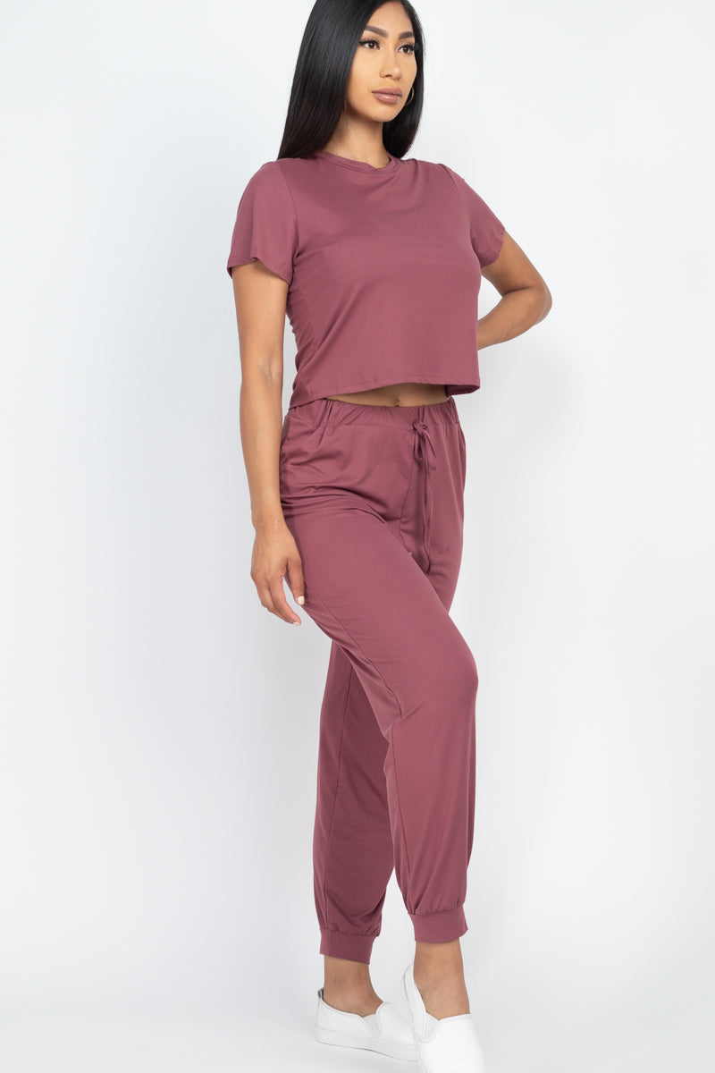 Solid Basic Loose Short Sleeve Top & Pants Set - Wholesale Capella Apparel