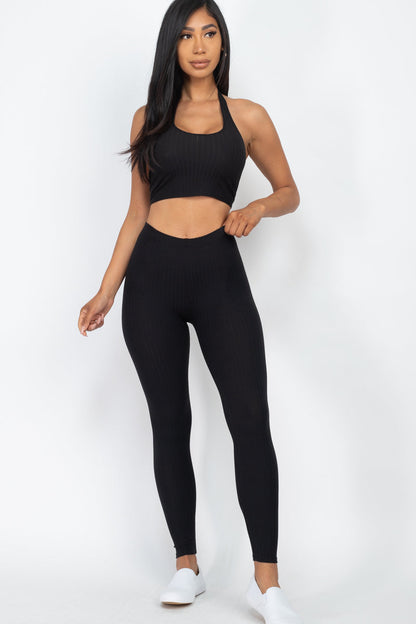 Ribbed Back Tied Halter Neck Crop Top & Leggings Sets - Wholesale Capella Apparel