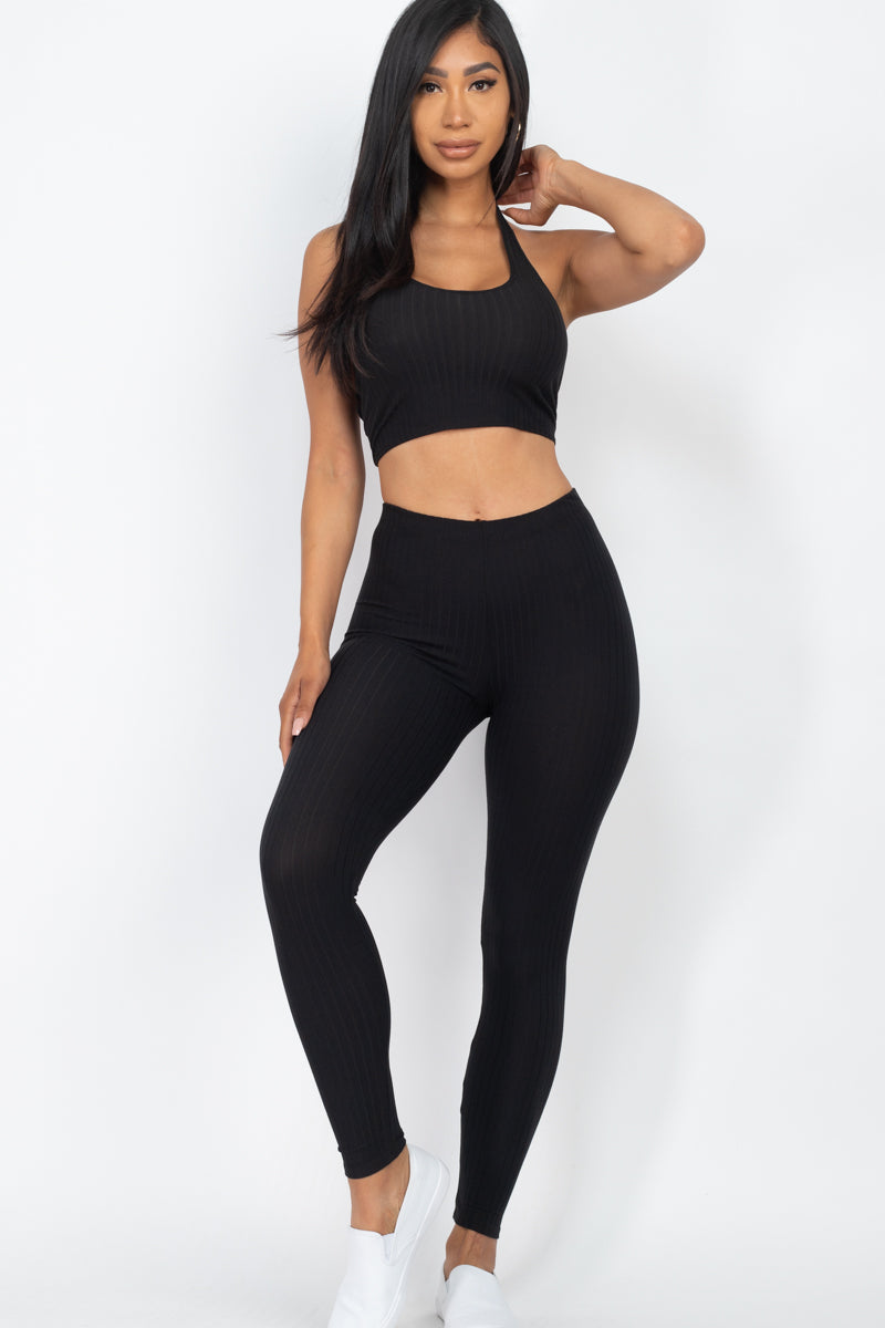 Ribbed Back Tied Halter Neck Crop Top & Leggings Sets - Wholesale Capella Apparel