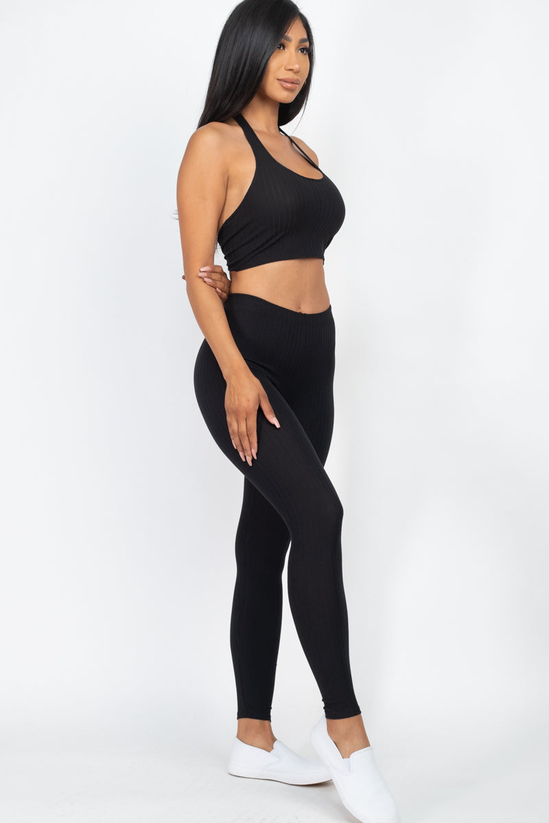 Ribbed Back Tied Halter Neck Crop Top & Leggings Sets - Wholesale Capella Apparel