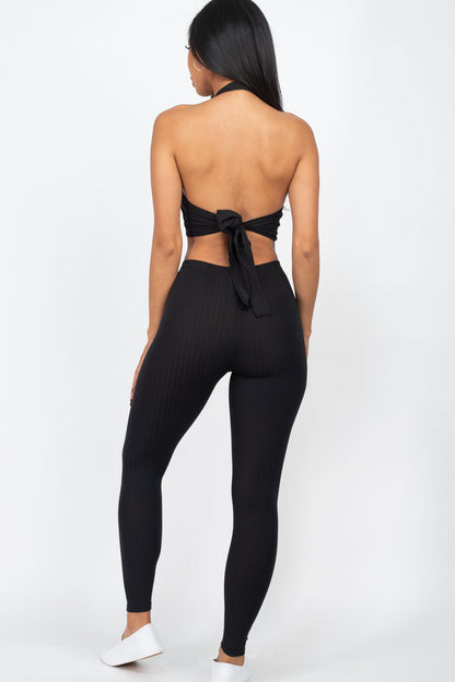 Ribbed Back Tied Halter Neck Crop Top & Leggings Sets - Wholesale Capella Apparel