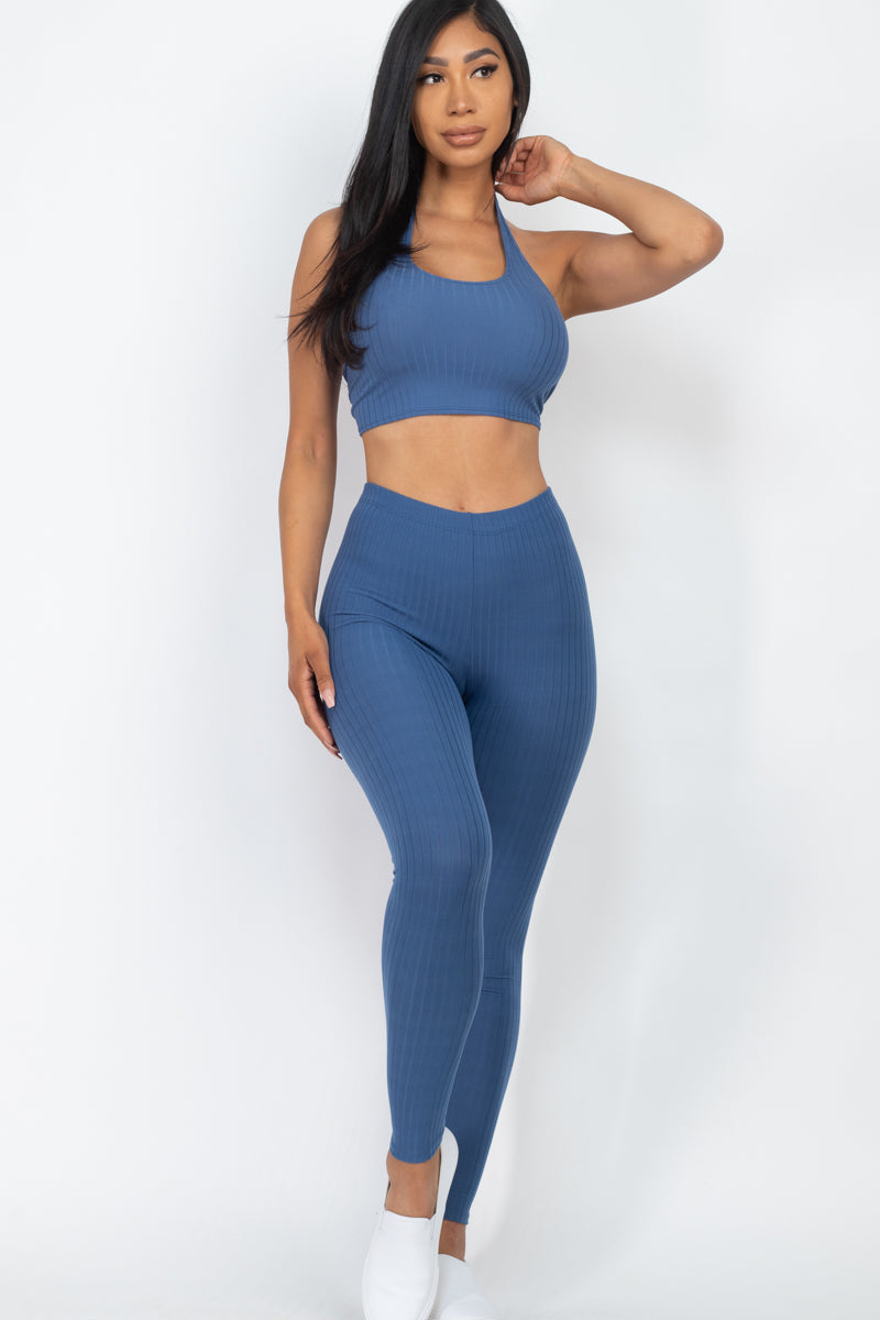 Ribbed Back Tied Halter Neck Crop Top & Leggings Sets - Wholesale Capella Apparel