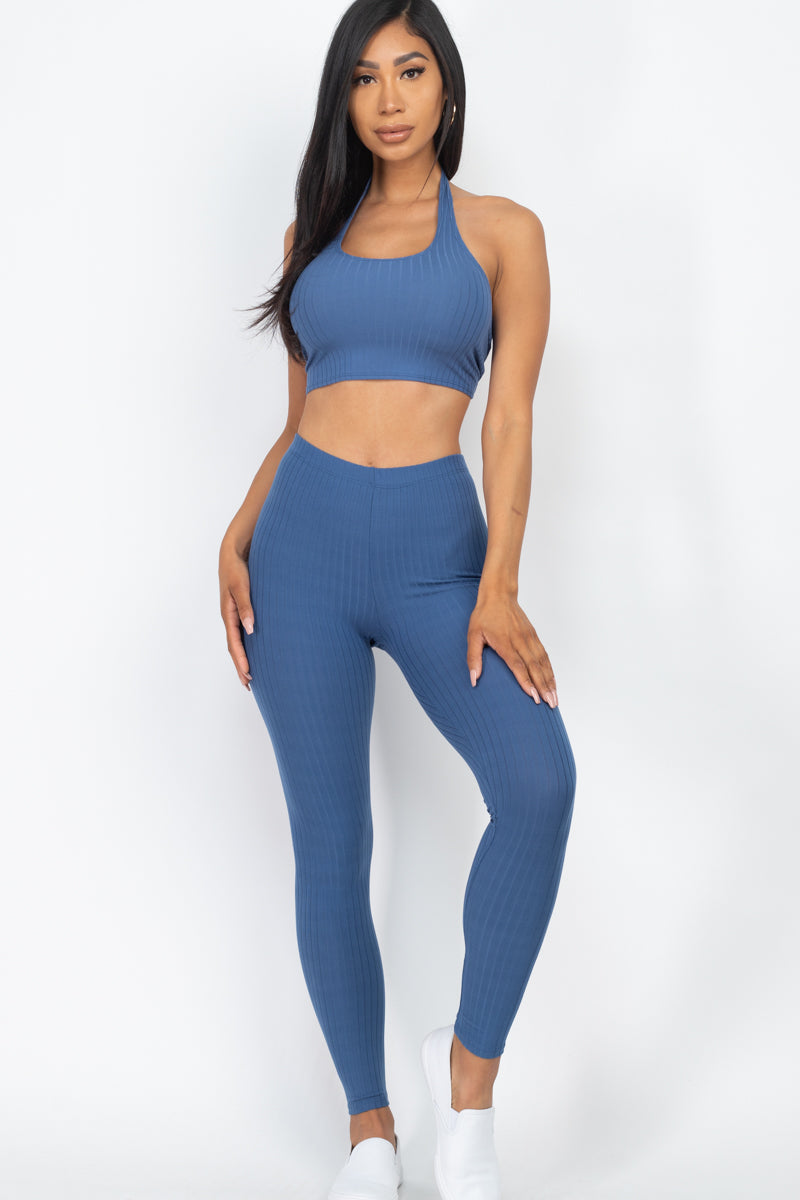 Ribbed Back Tied Halter Neck Crop Top & Leggings Sets - Wholesale Capella Apparel