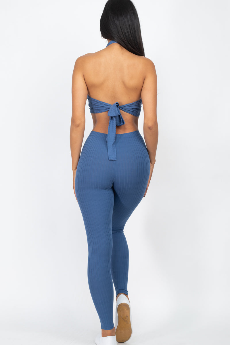 Ribbed Back Tied Halter Neck Crop Top & Leggings Sets - Wholesale Capella Apparel