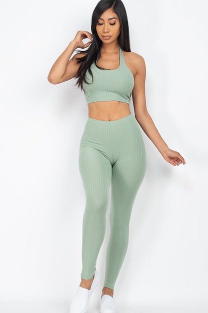 Ribbed Back Tied Halter Neck Crop Top & Leggings Sets - Wholesale Capella Apparel