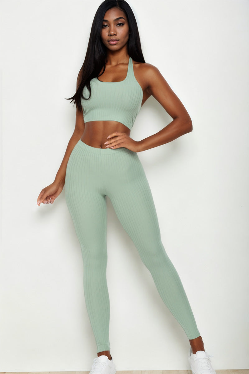 Ribbed Back Tied Halter Neck Crop Top & Leggings Sets - Wholesale Capella Apparel