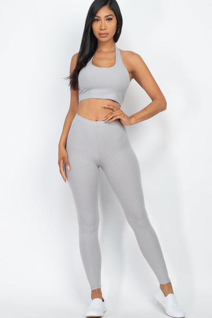 Ribbed Back Tied Halter Neck Crop Top & Leggings Sets - Wholesale Capella Apparel