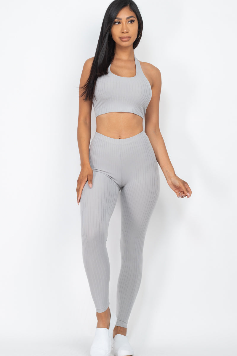 Ribbed Back Tied Halter Neck Crop Top & Leggings Sets - Wholesale Capella Apparel