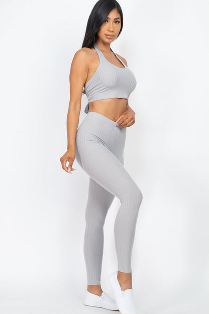 Ribbed Back Tied Halter Neck Crop Top & Leggings Sets - Wholesale Capella Apparel