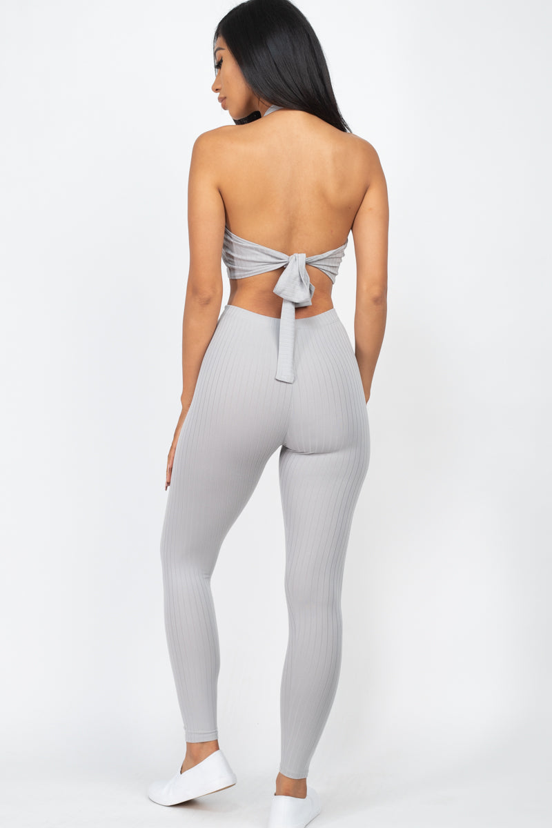 Ribbed Back Tied Halter Neck Crop Top & Leggings Sets - Wholesale Capella Apparel