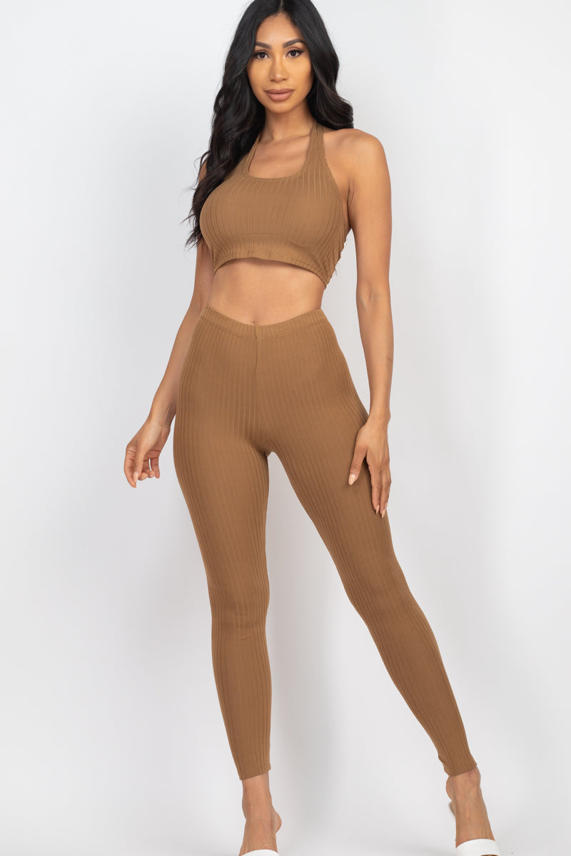 Ribbed Back Tied Halter Neck Crop Top & Leggings Sets - Wholesale Capella Apparel