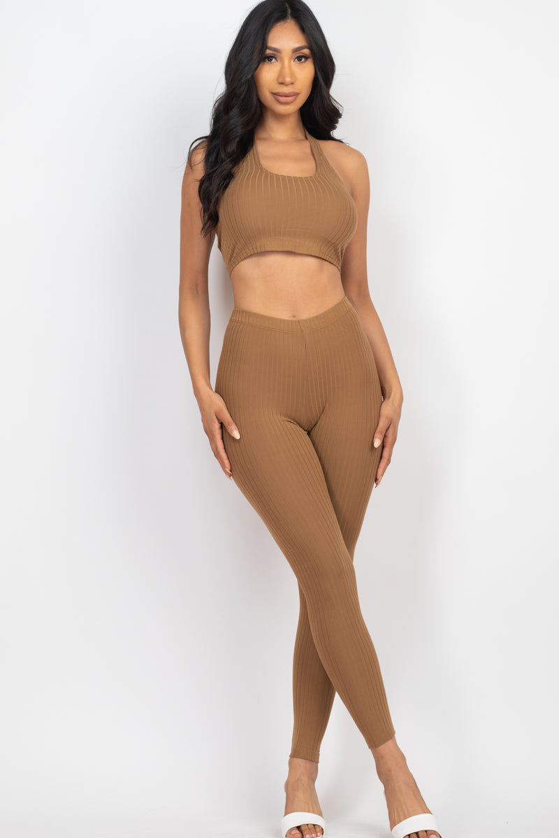 Ribbed Back Tied Halter Neck Crop Top & Leggings Sets - Wholesale Capella Apparel