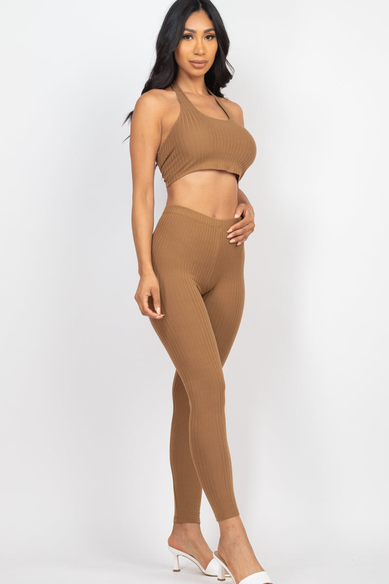 Ribbed Back Tied Halter Neck Crop Top & Leggings Sets - Wholesale Capella Apparel