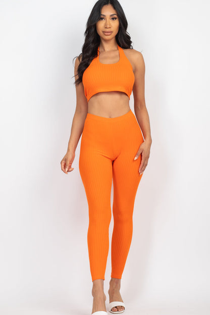 Ribbed Back Tied Halter Neck Crop Top & Leggings Sets - Wholesale Capella Apparel