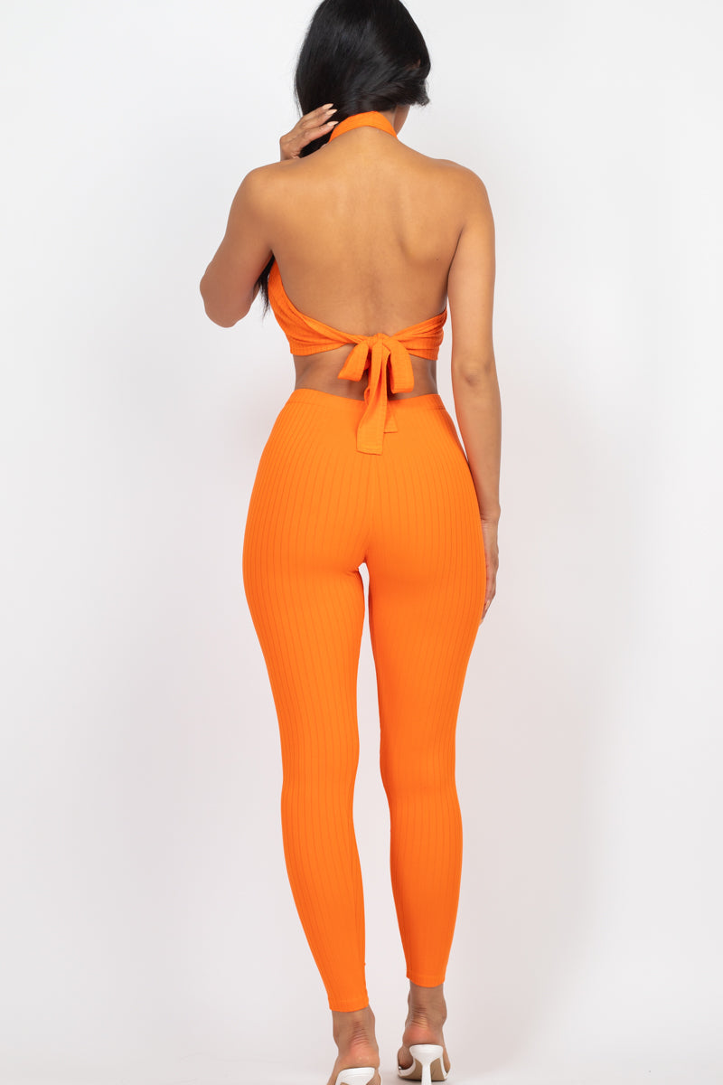 Ribbed Back Tied Halter Neck Crop Top & Leggings Sets - Wholesale Capella Apparel