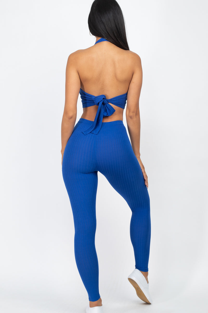 Ribbed Back Tied Halter Neck Crop Top & Leggings Sets - Wholesale Capella Apparel