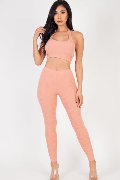 Ribbed Back Tied Halter Neck Crop Top & Leggings Sets - Wholesale Capella Apparel