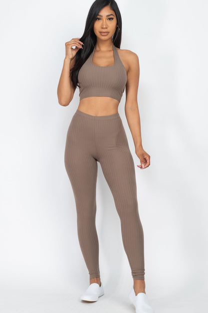 Ribbed Back Tied Halter Neck Crop Top & Leggings Sets - Wholesale Capella Apparel