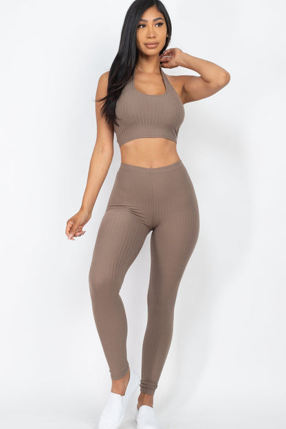 Ribbed Back Tied Halter Neck Crop Top & Leggings Sets - Wholesale Capella Apparel