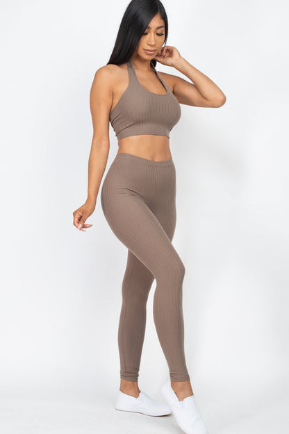 Ribbed Back Tied Halter Neck Crop Top & Leggings Sets - Wholesale Capella Apparel