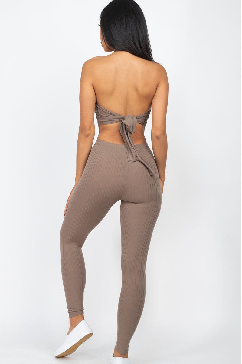 Ribbed Back Tied Halter Neck Crop Top & Leggings Sets - Wholesale Capella Apparel