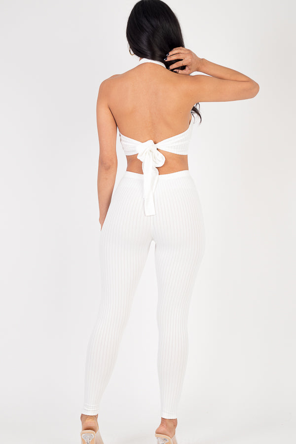 Ribbed Back Tied Halter Neck Crop Top & Leggings Sets - Wholesale Capella Apparel