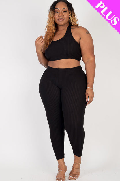 Plus Size Ribbed Back Tied Halter Neck Crop Top & Leggings Sets - Capella Apparel