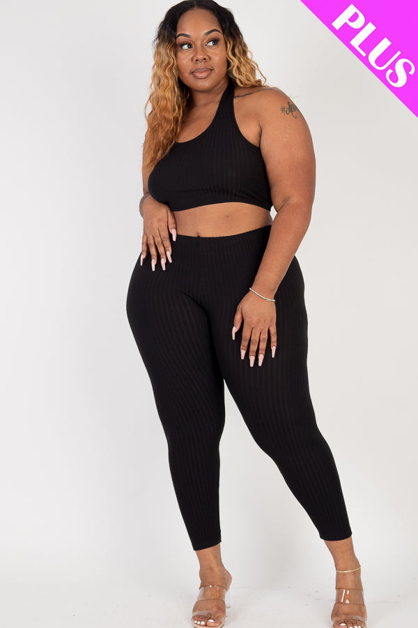 Plus Size Ribbed Back Tied Halter Neck Crop Top & Leggings Sets - Capella Apparel