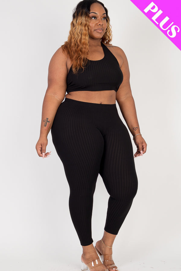 Plus Size Ribbed Back Tied Halter Neck Crop Top & Leggings Sets - Capella Apparel