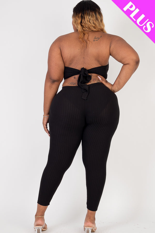 Plus Size Ribbed Back Tied Halter Neck Crop Top & Leggings Sets - Capella Apparel