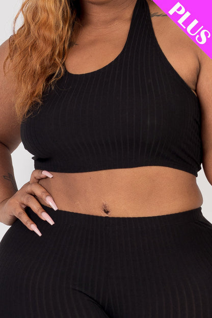 Plus Size Ribbed Back Tied Halter Neck Crop Top & Leggings Sets - Capella Apparel