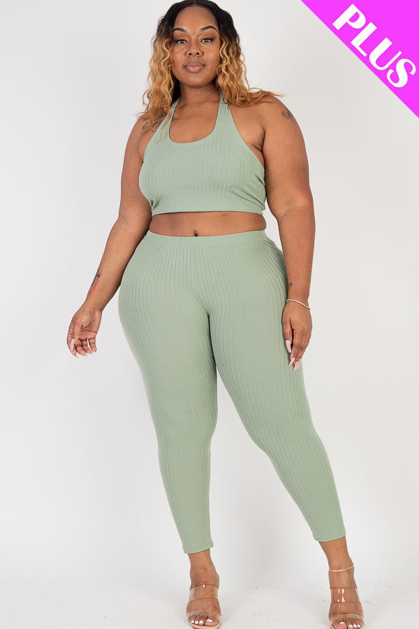 Plus Size Ribbed Back Tied Halter Neck Crop Top & Leggings Sets - Capella Apparel