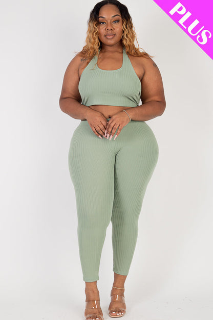 Plus Size Ribbed Back Tied Halter Neck Crop Top & Leggings Sets - Capella Apparel