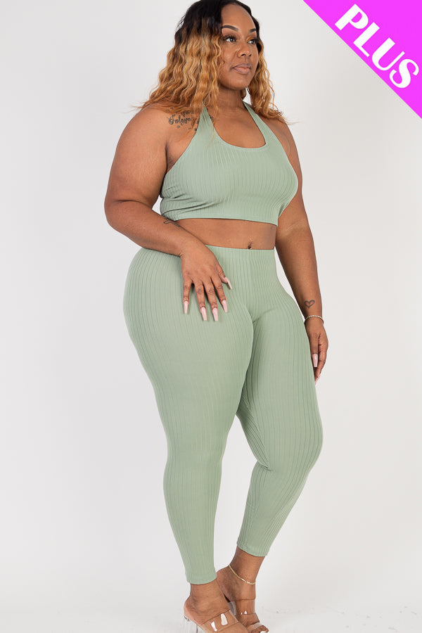 Plus Size Ribbed Back Tied Halter Neck Crop Top & Leggings Sets - Capella Apparel