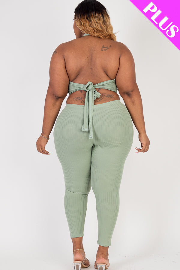 Plus Size Ribbed Back Tied Halter Neck Crop Top & Leggings Sets - Capella Apparel