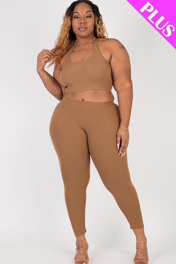 Plus Size Ribbed Back Tied Halter Neck Crop Top & Leggings Sets - Capella Apparel