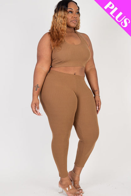 Plus Size Ribbed Back Tied Halter Neck Crop Top & Leggings Sets - Capella Apparel