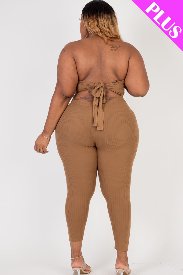 Plus Size Ribbed Back Tied Halter Neck Crop Top & Leggings Sets - Capella Apparel