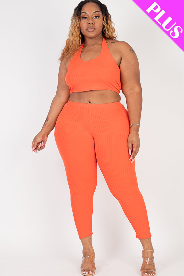 Plus Size Ribbed Back Tied Halter Neck Crop Top & Leggings Sets - Capella Apparel