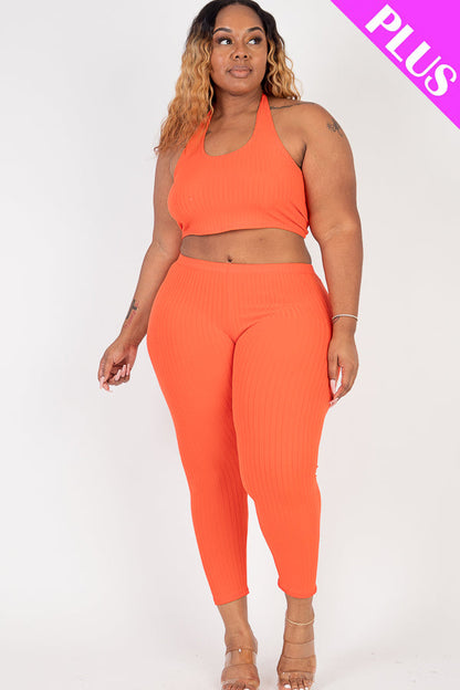 Plus Size Ribbed Back Tied Halter Neck Crop Top & Leggings Sets - Capella Apparel