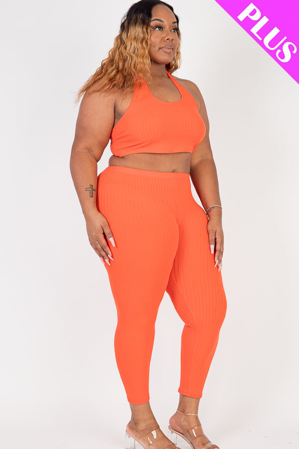 Plus Size Ribbed Back Tied Halter Neck Crop Top & Leggings Sets - Capella Apparel