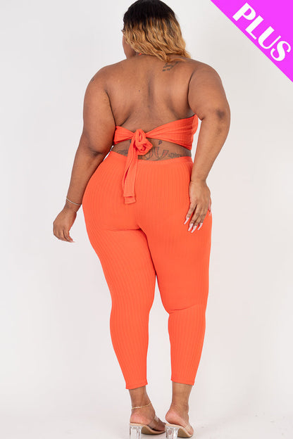 Plus Size Ribbed Back Tied Halter Neck Crop Top & Leggings Sets - Capella Apparel