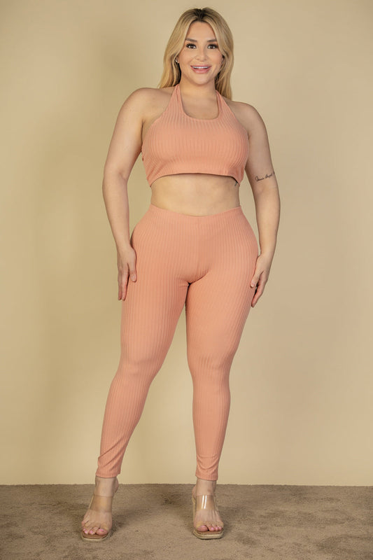 Plus Size Ribbed Back Tied Halter Neck Crop Top & Leggings Sets - Capella Apparel