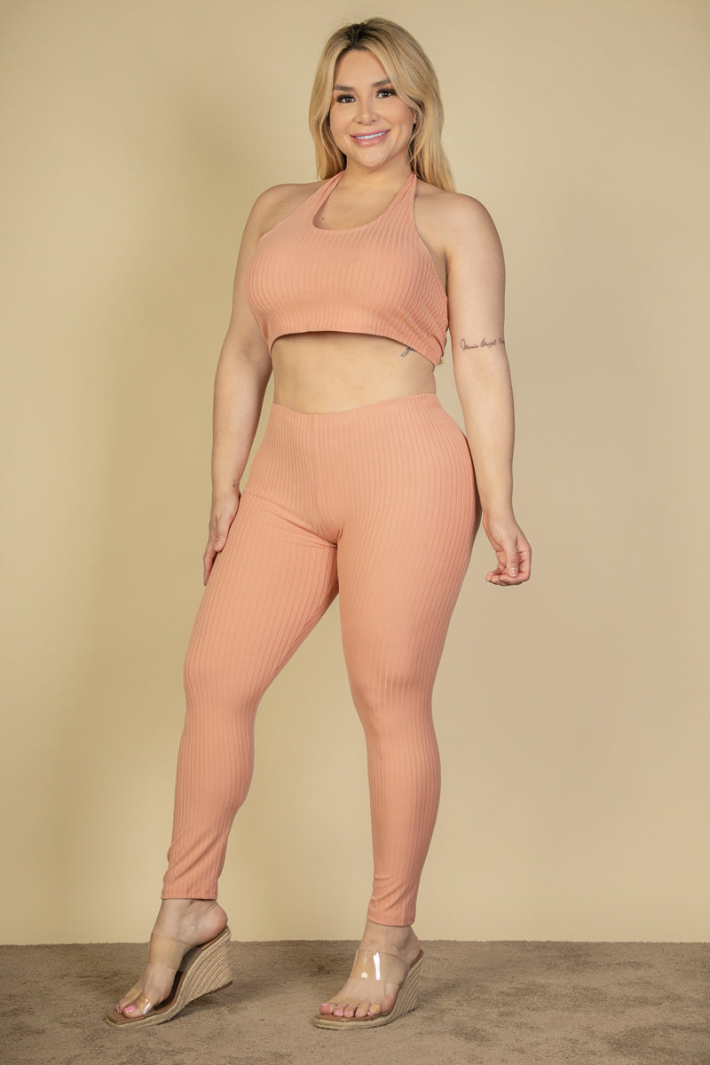 Plus Size Ribbed Back Tied Halter Neck Crop Top & Leggings Sets - Capella Apparel