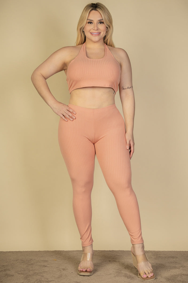 Plus Size Ribbed Back Tied Halter Neck Crop Top & Leggings Sets - Capella Apparel