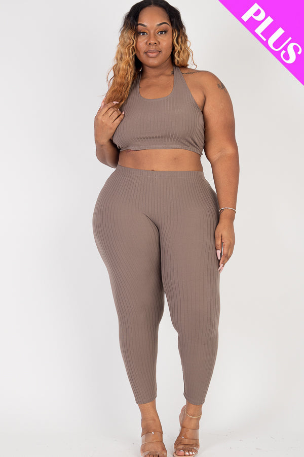 Plus Size Ribbed Back Tied Halter Neck Crop Top & Leggings Sets - Capella Apparel